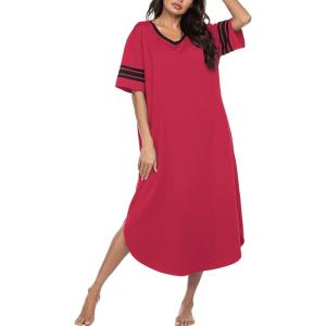 Ekouaer Long Nightgown, Womens V Neck Loungewear Oversized Sleepwear Loose Sleep Dress S-4XL(Watermelon Red)