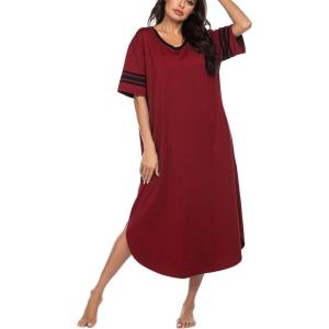 Ekouaer Long Nightgown, Womens V Neck Loungewear Oversized Sleepwear Loose Sleep Dress S-4XL(Wine Red)