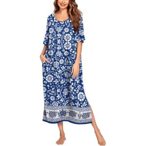 Ekouaer Long Nightgown for Women Short Sleeve Sleepwear Plus Size Loungewear with Pockets M-5XL(Navy Blue Flower)