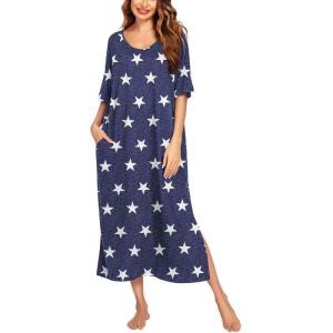 Ekouaer Long Nightgown for Women Short Sleeve Sleepwear Plus Size Loungewear with Pockets M-5XL(Star Print)