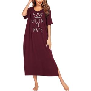 Ekouaer Long Nightgown for Women Short Sleeve Sleepwear Plus Size Loungewear with Pockets M-5XL(Wine Red Crown)