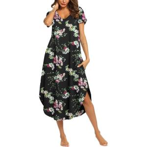 Ekouaer Long Nightgowns for Women Short Sleeve House Dress with Pockets V Neck Sleepshirts Side Split Sleepwear S-4XL(Black Red Floral)