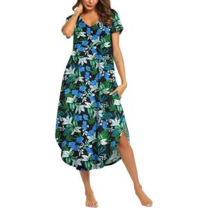 Ekouaer Long Nightgowns for Women Short Sleeve House Dress with Pockets V Neck Sleepshirts Side Split Sleepwear S-4XL(Dark Green Floral)