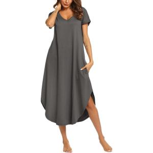 Ekouaer Long Nightgowns for Women Short Sleeve House Dress with Pockets V Neck Sleepshirts Side Split Sleepwear S-4XL(Dark Grey)