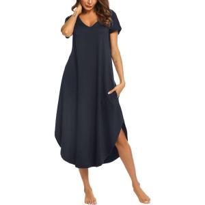 Ekouaer Long Nightgowns for Women Short Sleeve House Dress with Pockets V Neck Sleepshirts Side Split Sleepwear S-4XL(Navy)