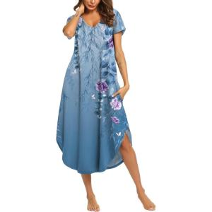 Ekouaer Long Nightgowns for Women Short Sleeve House Dress with Pockets V Neck Sleepshirts Side Split Sleepwear S-4XL(Sky Blue Floral)