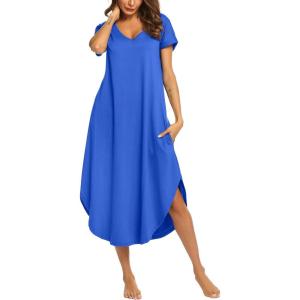 Ekouaer Long Nightgowns for Women Short Sleeve House Dress with Pockets V Neck Sleepshirts Side Split Sleepwear S-4XL(Snorkel Blue)