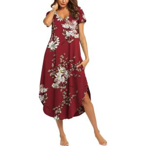 Ekouaer Long Nightgowns for Women Short Sleeve House Dress with Pockets V Neck Sleepshirts Side Split Sleepwear S-4XL(Wine Red Floral)