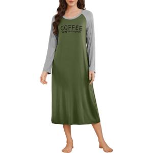 Ekouaer Long Sleeve Nightgowns for Women Calf Length Sleep Shirts Crew Neck Soft Nightshirts S-XXL(Army Green Coffee)