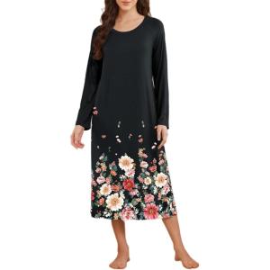 Ekouaer Long Sleeve Nightgowns for Women Calf Length Sleep Shirts Crew Neck Soft Nightshirts S-XXL(Black Flower)