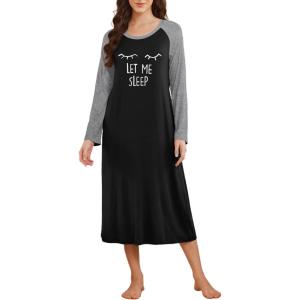 Ekouaer Long Sleeve Nightgowns for Women Calf Length Sleep Shirts Crew Neck Soft Nightshirts S-XXL(Black Let Me Sleep)