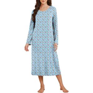 Ekouaer Long Sleeve Nightgowns for Women Calf Length Sleep Shirts Crew Neck Soft Nightshirts S-XXL(Blue Flower)