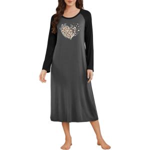 Ekouaer Long Sleeve Nightgowns for Women Calf Length Sleep Shirts Crew Neck Soft Nightshirts S-XXL(Dark Grey Heart)