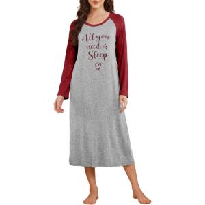 Ekouaer Long Sleeve Nightgowns for Women Calf Length Sleep Shirts Crew Neck Soft Nightshirts S-XXL(Light Grey Word)