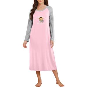 Ekouaer Long Sleeve Nightgowns for Women Calf Length Sleep Shirts Crew Neck Soft Nightshirts S-XXL(Pink Teedy Bear)
