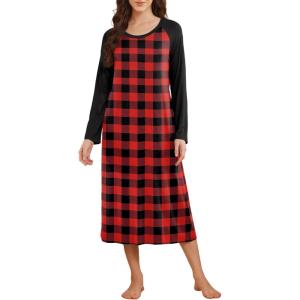 Ekouaer Long Sleeve Nightgowns for Women Calf Length Sleep Shirts Crew Neck Soft Nightshirts S-XXL(Red Black Plaid)