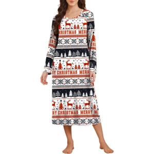 Ekouaer Long Sleeve Nightgowns for Women Calf Length Sleep Shirts Crew Neck Soft Nightshirts S-XXL(Red Christmas Deer)