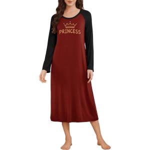Ekouaer Long Sleeve Nightgowns for Women Calf Length Sleep Shirts Crew Neck Soft Nightshirts S-XXL(Wine Red Princess)