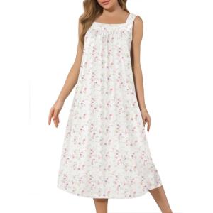 Ekouaer Long Sleeveless Nightgowns for Women Ladies Night Gown Embroidery Sleepdress Tank Nightdress Victorian Sleepshirt(White Flower)