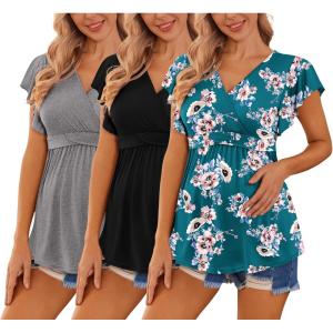 Ekouaer Maternity Shirts 3 Packs Flying Short Sleeve Nursing Tops Pregnancy Clothes(Black+floral Teal+grey(3pcs))