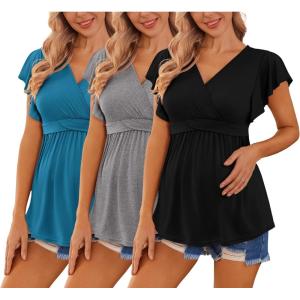 Ekouaer Maternity Shirts 3 Packs Flying Short Sleeve Nursing Tops Pregnancy Clothes(Black+grey+lake Blue(3pcs))