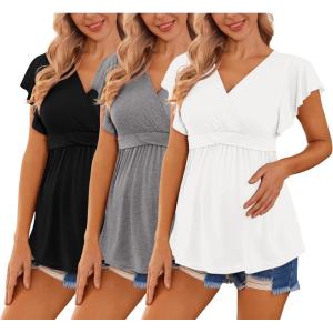 Ekouaer Maternity Shirts 3 Packs Flying Short Sleeve Nursing Tops Pregnancy Clothes(Black+grey+white(3pcs))