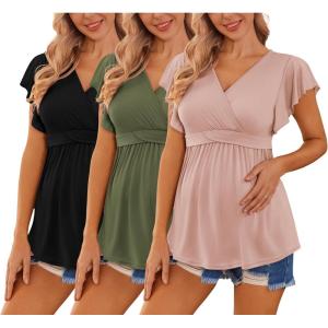 Ekouaer Maternity Shirts 3 Packs Flying Short Sleeve Nursing Tops Pregnancy Clothes(Black+pink+army Green(3pcs))