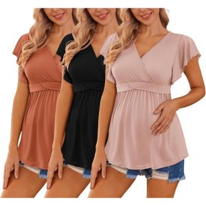 Ekouaer Maternity Shirts 3 Packs Flying Short Sleeve Nursing Tops Pregnancy Clothes(Black+pink+caramel(3pcs))