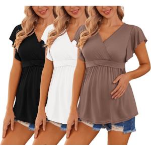 Ekouaer Maternity Shirts 3 Packs Flying Short Sleeve Nursing Tops Pregnancy Clothes(Black+white+brown(3pcs))