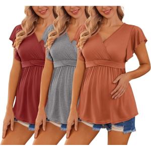 Ekouaer Maternity Shirts 3 Packs Flying Short Sleeve Nursing Tops Pregnancy Clothes(Caramel+grey+wine Red(3pcs))