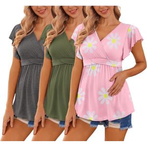 Ekouaer Maternity Shirts 3 Packs Flying Short Sleeve Nursing Tops Pregnancy Clothes(Dark Grey+army Green+floral Pink(3pcs))
