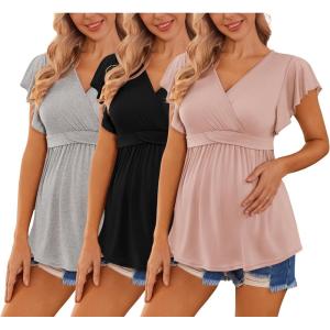Ekouaer Maternity Shirts 3 Packs Flying Short Sleeve Nursing Tops Pregnancy Clothes(Light Grey + Black + Pink(3pcs))