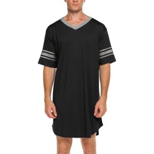 Ekouaer Men’s Nightshirt Comfy Nightwear Big&Tall V Neck Short Sleeve Soft Loose Pajama Sleep Shirt(Black)