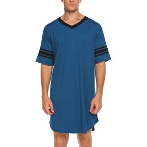 Ekouaer Men’s Nightshirt Comfy Nightwear Big&Tall V Neck Short Sleeve Soft Loose Pajama Sleep Shirt(Blue)