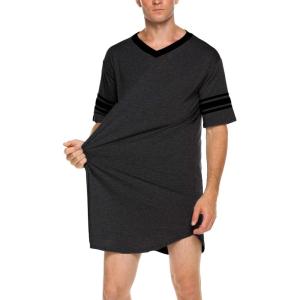 Ekouaer Men’s Nightshirt Comfy Nightwear Big&Tall V Neck Short Sleeve Soft Loose Pajama Sleep Shirt(Dark Grey)
