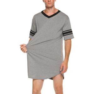 Ekouaer Men’s Nightshirt Comfy Nightwear Big&Tall V Neck Short Sleeve Soft Loose Pajama Sleep Shirt(Light Grey)