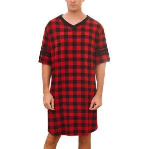 Ekouaer Men’s Nightshirt Comfy Nightwear Big&Tall V Neck Short Sleeve Soft Loose Pajama Sleep Shirt(Red Plaid)