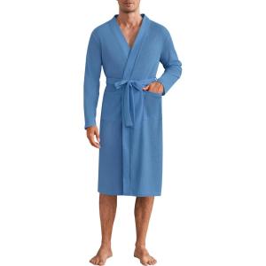Ekouaer Mens Robes Lightweight Waffle Knit Kimono Bathrobe Long Sleeve Sleepwear Soft Knee Length Robe with Pockets S-3XL(Blue – V Neck)