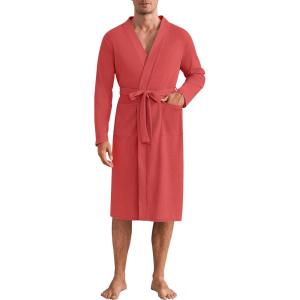 Ekouaer Mens Robes Lightweight Waffle Knit Kimono Bathrobe Long Sleeve Sleepwear Soft Knee Length Robe with Pockets S-3XL(Red – V Neck)