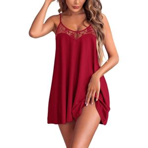 Ekouaer Nightgown Sexy Lingerie for Women Nightwear Lace Chemise Sleeveless Camisole Slip Dress Babydoll Sleepwear(A-wine Red)