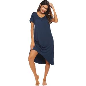 Ekouaer Nightgowns Womens Short Sleeve Sleepwear Comfy Loungewear Plus Size Night Shirt S-3XL(B-dark Blue)
