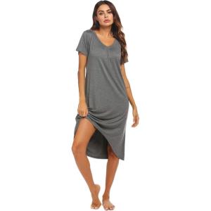 Ekouaer Nightgowns Womens Short Sleeve Sleepwear Comfy Loungewear Plus Size Night Shirt S-3XL(B-dark Gray)