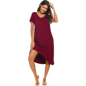 Ekouaer Nightgowns Womens Short Sleeve Sleepwear Comfy Loungewear Plus Size Night Shirt S-3XL(B-wine Red)