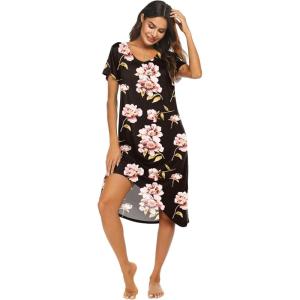 Ekouaer Nightgowns Womens Short Sleeve Sleepwear Comfy Loungewear Plus Size Night Shirt S-3XL(C-black-flower Pat2)