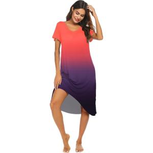 Ekouaer Nightgowns Womens Short Sleeve Sleepwear Comfy Loungewear Plus Size Night Shirt S-3XL(Tie Dye Red & Purple)