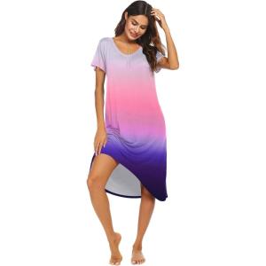 Ekouaer Nightgowns Womens Short Sleeve Sleepwear Comfy Loungewear Plus Size Night Shirt S-3XL(Tie Dye White & Blue)