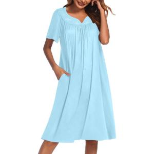 Ekouaer Nightgowns for Women Cotton Nightgown House Dress with Pockets Short Sleeve Mumu Dress Embroidered Lounge Dress(Light Blue)