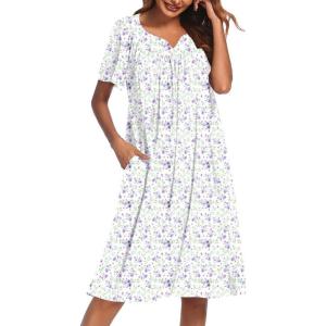 Ekouaer Nightgowns for Women Cotton Nightgown House Dress with Pockets Short Sleeve Mumu Dress Embroidered Lounge Dress(Purple Floral)