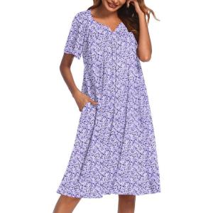 Ekouaer Nightgowns for Women Cotton Nightgown House Dress with Pockets Short Sleeve Mumu Dress Embroidered Lounge Dress(Purple Flowers)