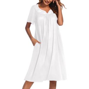 Ekouaer Nightgowns for Women Cotton Nightgown House Dress with Pockets Short Sleeve Mumu Dress Embroidered Lounge Dress(White)